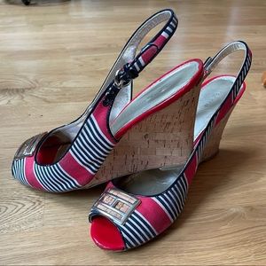 Tommy Hilfinger red / white striped cork wedge. Adjustable strap and peep toe.